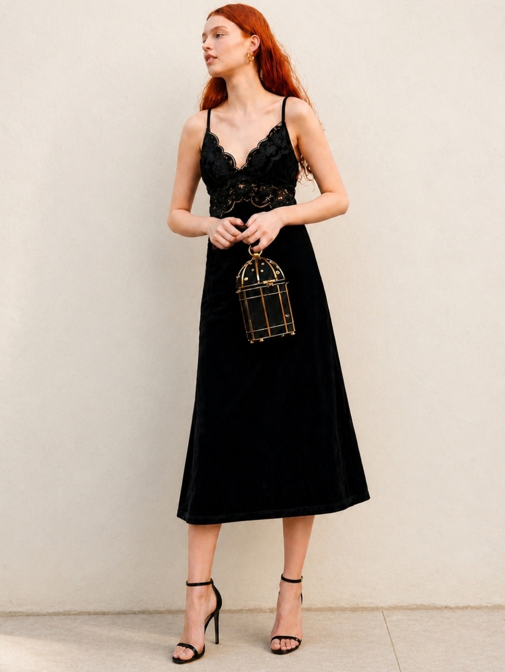 FARM Rio Richelieu Velvet Slip Dress Black Lace Midi Small